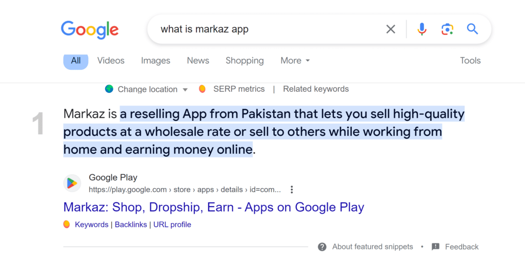 Markaz APP Example of Featured Snippets in SEO